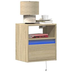 Berkfield Home Wall-mounted Bedside Cabinet with LED Lights Sonoma Oak in Brown - thumbnail 1