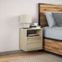 Berkfield Home Wall-mounted Bedside Cabinet with LED Lights Sonoma Oak in Brown - thumbnail 5