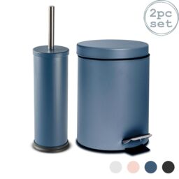 Harbour Housewares 3L Round Bathroom Bin & Brush Set - Slim Stainless Steel Bathroom Set in Blue