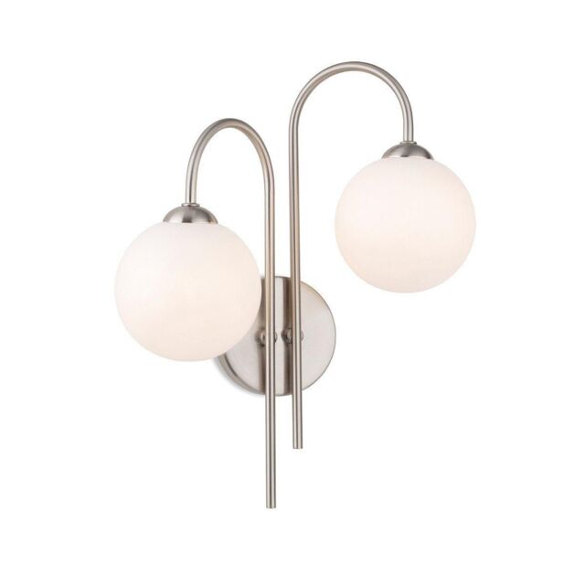 Netlighting Lyndon 2 Light Globe Wall Brushed Steel with Opal White Glass in Grey