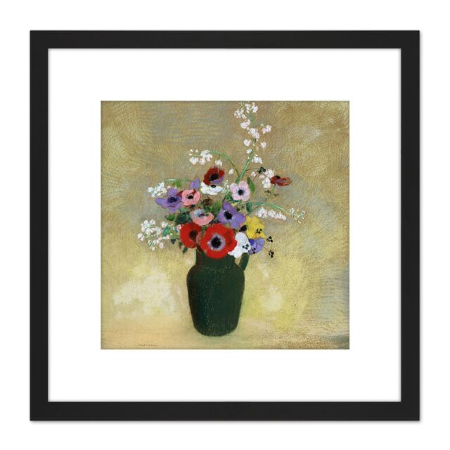 Artery8 Odilon Redon Large Green Vase With Mixed Flowers 8X8 Inch Square Wooden Framed Wall Art Print Picture with Mount in Black - image 1