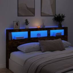 Berkfield Home Headboard Cabinet with LED Smoked Oak 200x17x102 cm in Brown - Size: 200 x 17 x 102 cm - thumbnail 4