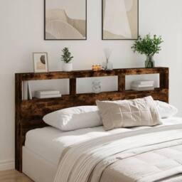 Berkfield Home Headboard Cabinet with LED Smoked Oak 200x17x102 cm in Brown - Size: 200 x 17 x 102 cm - thumbnail 2