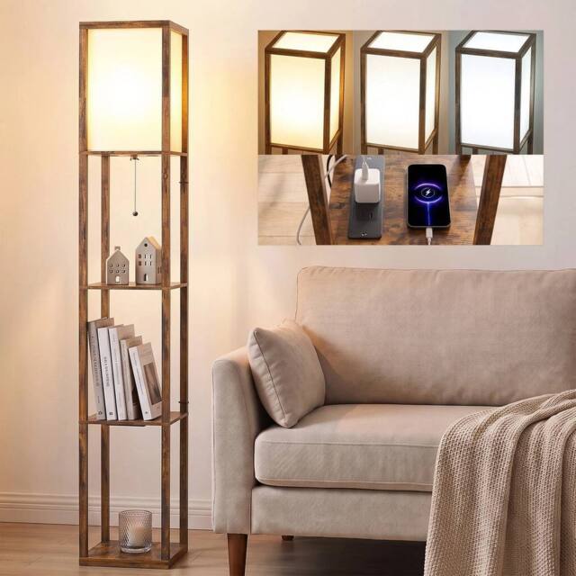 EONLION 4 Layer Column Standing Lamp with USB Ports in Brown - image 1