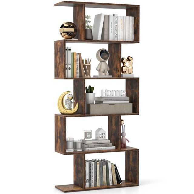 Costway 5-tier Bookcase S-Shaped Bookshelf Wooden Storage Display Rack in Brown - image 1