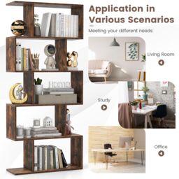 Costway 5-tier Bookcase S-Shaped Bookshelf Wooden Storage Display Rack in Brown - thumbnail 6