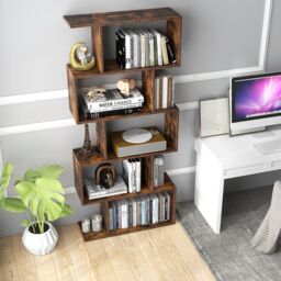 Costway 5-tier Bookcase S-Shaped Bookshelf Wooden Storage Display Rack in Brown - thumbnail 3