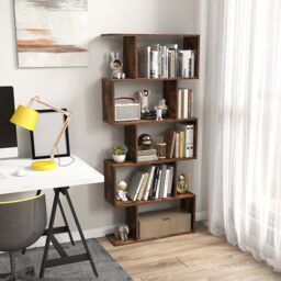 Costway 5-tier Bookcase S-Shaped Bookshelf Wooden Storage Display Rack in Brown - thumbnail 4