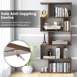 Costway 5-tier Bookcase S-Shaped Bookshelf Wooden Storage Display Rack in Brown - thumbnail 5