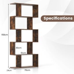 Costway 5-tier Bookcase S-Shaped Bookshelf Wooden Storage Display Rack in Brown - thumbnail 2