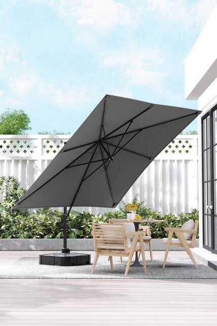 H&O Direct 3m x 3m Square Rotating Outdoor Cantilever Parasol with Plastic Base in Dark Grey - image 1