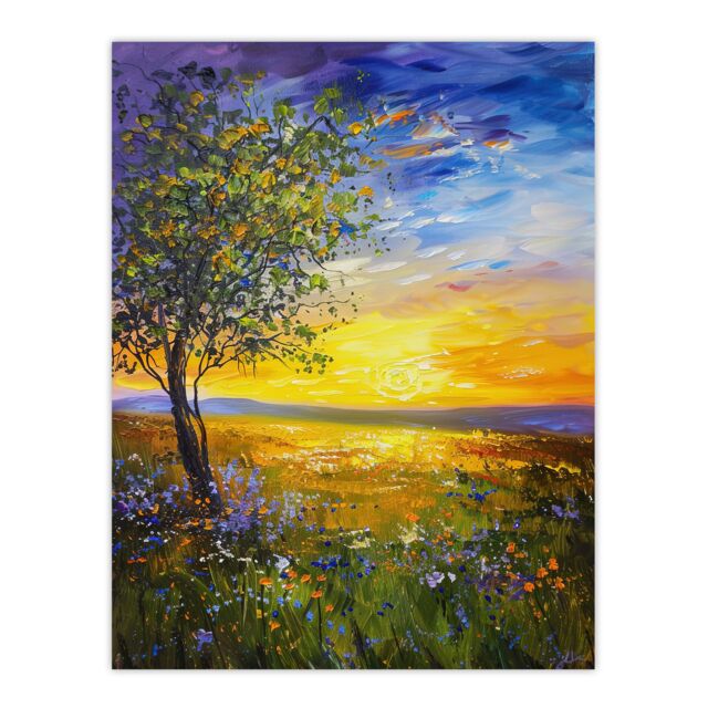 "Artery8 Tree Wildflower Meadow at Sunset Oil Painting Wall Art Print - Size: W12"" x H16""" - image 1