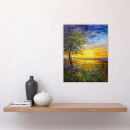 "Artery8 Tree Wildflower Meadow at Sunset Oil Painting Wall Art Print - Size: W12"" x H16""" - thumbnail 4