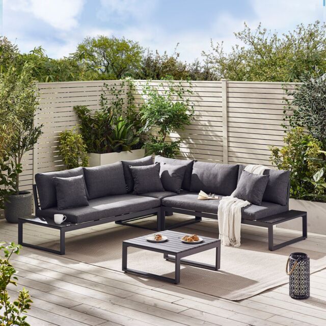 FurnitureboxUK Dubai 6 Seater Outdoor Corner Sofa with Wood-Effect Tables in Grey - image 1