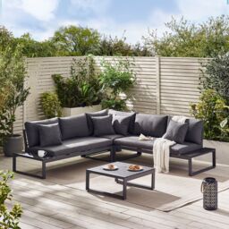FurnitureboxUK Dubai 6 Seater Outdoor Corner Sofa with Wood-Effect Tables in Grey - thumbnail 1