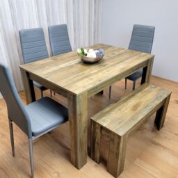 KOSY KOALA Wooden Dining Table Set Of 6 - Rustic Effect Table With 4 Grey Chairs & 1 Bench in Brown - thumbnail 4