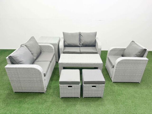 Fimous High Back Poly Rattan Garden Furniture Set w/ Reclining Chair Loveseat Sofa Oblong Coffee Table Indoor Outdoor Patio Set 2 Stool Side Table - image 1