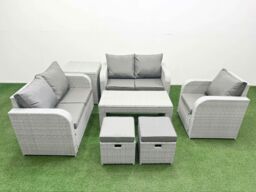 Fimous High Back Poly Rattan Garden Furniture Set w/ Reclining Chair Loveseat Sofa Oblong Coffee Table Indoor Outdoor Patio Set 2 Stool Side Table - thumbnail 2