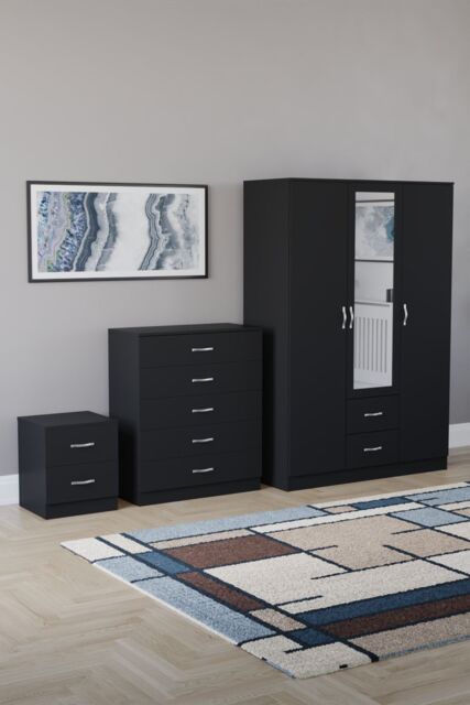 Home Discount Vida Designs 3Pc Bedroom Set 2Bedside, 5 Drawer Chest, Mirror Wardrobe in Black - image 1