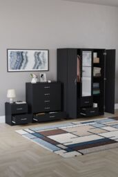 Home Discount Vida Designs 3Pc Bedroom Set 2Bedside, 5 Drawer Chest, Mirror Wardrobe in Black - thumbnail 2