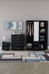 Home Discount Vida Designs 3Pc Bedroom Set 2Bedside, 5 Drawer Chest, Mirror Wardrobe in Black - thumbnail 3