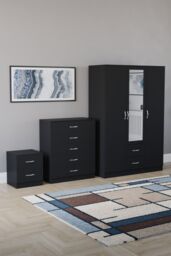 Home Discount Vida Designs 3Pc Bedroom Set 2Bedside, 5 Drawer Chest, Mirror Wardrobe in Black
