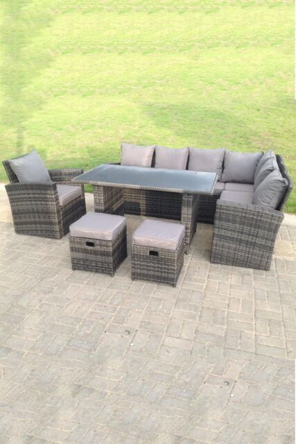 Fimous 9 Seater High Back Rattan Corner Sofa With Black Tempered Glass Dining Table Footstools With Chair in Dark Grey - image 1