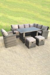 Fimous 9 Seater High Back Rattan Corner Sofa With Black Tempered Glass Dining Table Footstools With Chair in Dark Grey - thumbnail 2