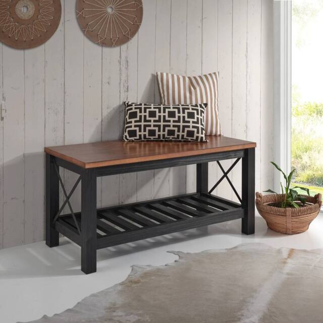 FORGEVIO Cottage Bench Black Painted Pine Wooden Seat Slatted Storage Shelf in Brown - image 1