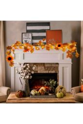 Living and Home 180cm Autumn Garland for Front Door Stairs Fireplace Artificial Sunflower Acorn Leaf Pumpkin Vine w/ 3.8m Light String for Home Decor - thumbnail 2