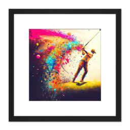 Artery8 Abstract Golfing Golf Course Green Golfer Swing Sport Multicoloured Oil Painting Square Wooden Framed Wall Art Print Picture 8X8 Inch in Black - thumbnail 1