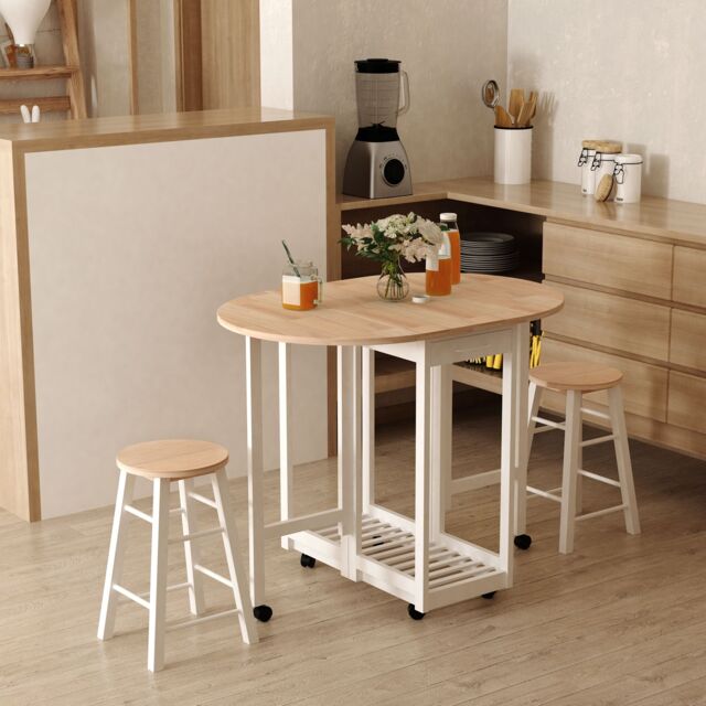 HOMCOM 3pc Wooden Kitchen Cart Mobile Rolling Trolley Folding Stools Wheels in White - image 1