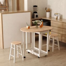 HOMCOM 3pc Wooden Kitchen Cart Mobile Rolling Trolley Folding Stools Wheels in White - thumbnail 1