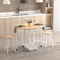 HOMCOM 3pc Wooden Kitchen Cart Mobile Rolling Trolley Folding Stools Wheels in White - thumbnail 4