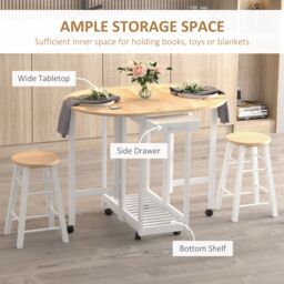 HOMCOM 3pc Wooden Kitchen Cart Mobile Rolling Trolley Folding Stools Wheels in White - thumbnail 6