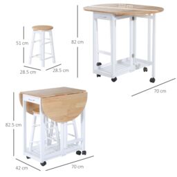 HOMCOM 3pc Wooden Kitchen Cart Mobile Rolling Trolley Folding Stools Wheels in White - thumbnail 3