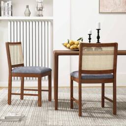 FORGEVIO Wooden Upholstered Kitchen Chairs w/Linen Fabric Padded in Brown - thumbnail 3