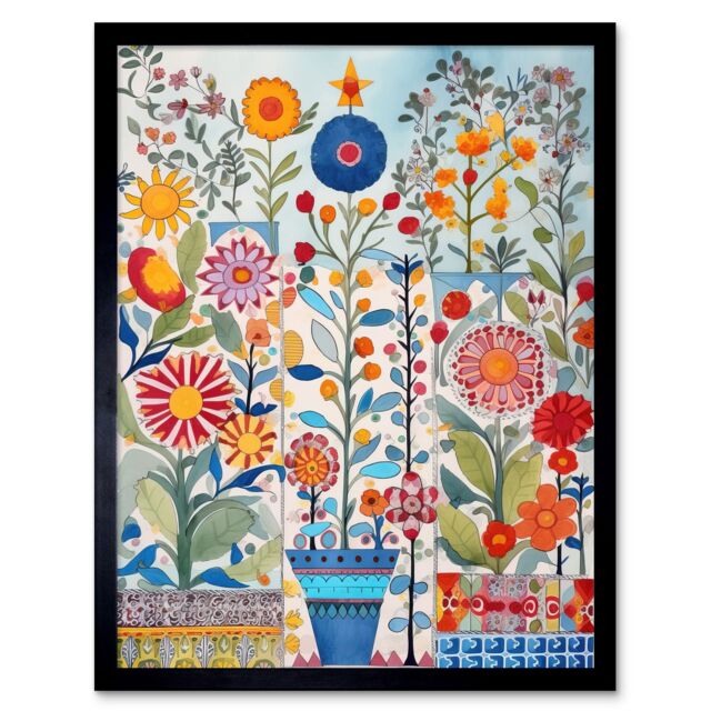 "Artery8 Wall Art Print Garden Flowers Folk Art Watercolour Painting Art Framed in Black - Size: W12"" x H16""" - image 1