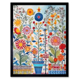 "Artery8 Wall Art Print Garden Flowers Folk Art Watercolour Painting Art Framed in Black - Size: W12"" x H16""" - thumbnail 1