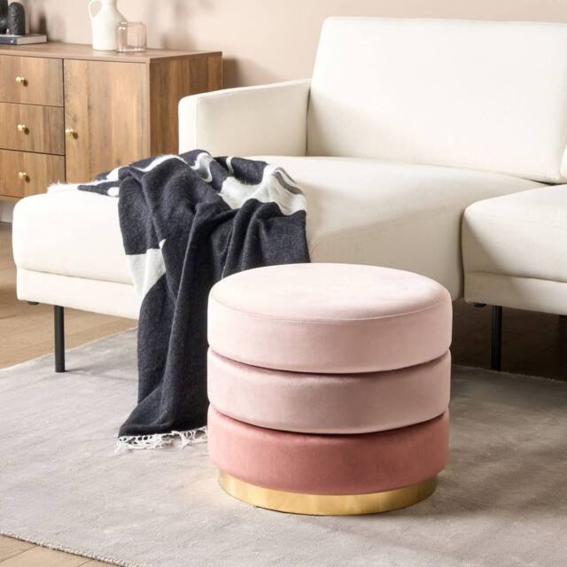 Wyld and Coco Ombre Pink Velvet Pouffe 48 cm Round with Gold Base - image 1