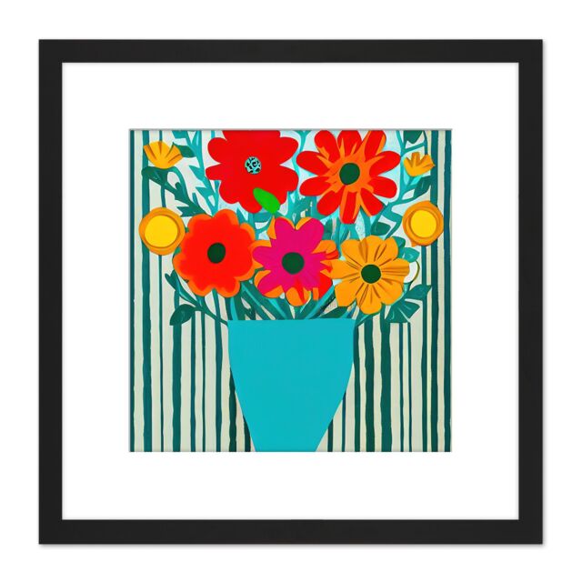 Artery8 Bold Bouquet Of Multicoloured Flowers In A Teal Vase With Stripes Square Wooden Framed Wall Art Print Picture 8X8 Inch in Black - image 1