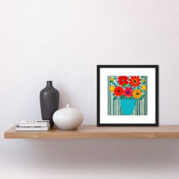 Artery8 Bold Bouquet Of Multicoloured Flowers In A Teal Vase With Stripes Square Wooden Framed Wall Art Print Picture 8X8 Inch in Black - thumbnail 2