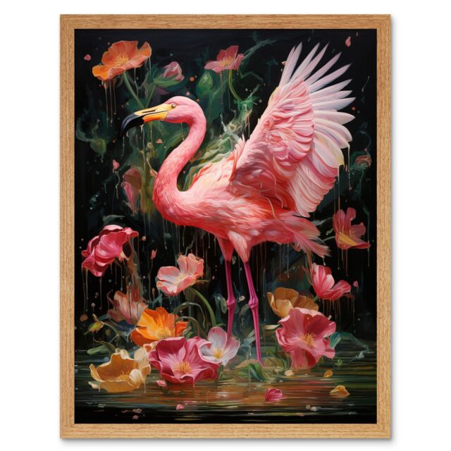 "Artery8 Wall Art Print Flamboyant Flamingo Feathers Artwork Bird in the Rain Vibrant Pink Orange Green Artwork Art Framed - Size: W12"" x H16""" - image 1