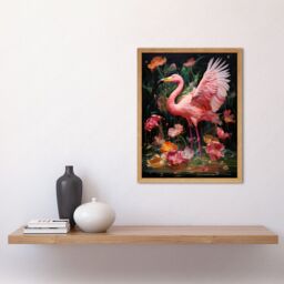 "Artery8 Wall Art Print Flamboyant Flamingo Feathers Artwork Bird in the Rain Vibrant Pink Orange Green Artwork Art Framed - Size: W12"" x H16""" - thumbnail 2