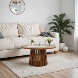 Indian Hub Slatted Round Coffee Table - Mango Wood - L80 x W80 x H42 cm in Brown - thumbnail 5