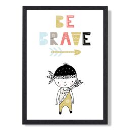 ARTZE Cute Colourful Be Brave Little Boy Scandi Quote Framed Print SIZE: A3 with Black Frame in Pale Blue - Size: A4 - thumbnail 1