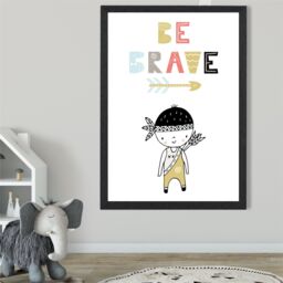 ARTZE Cute Colourful Be Brave Little Boy Scandi Quote Framed Print SIZE: A3 with Black Frame in Pale Blue - Size: A4 - thumbnail 2