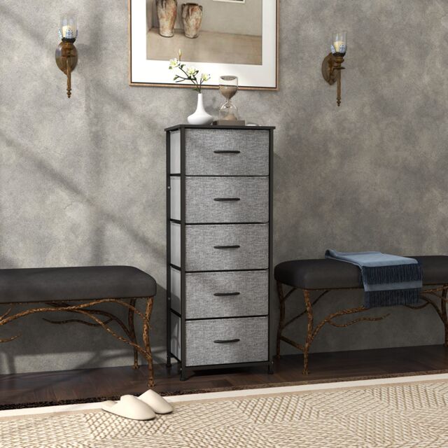 HOMCOM 5 Drawer Fabric Chest of Drawers w/ Wooden Top, Dark Grey - image 1