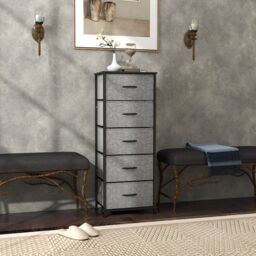 HOMCOM 5 Drawer Fabric Chest of Drawers w/ Wooden Top, Dark Grey - thumbnail 1
