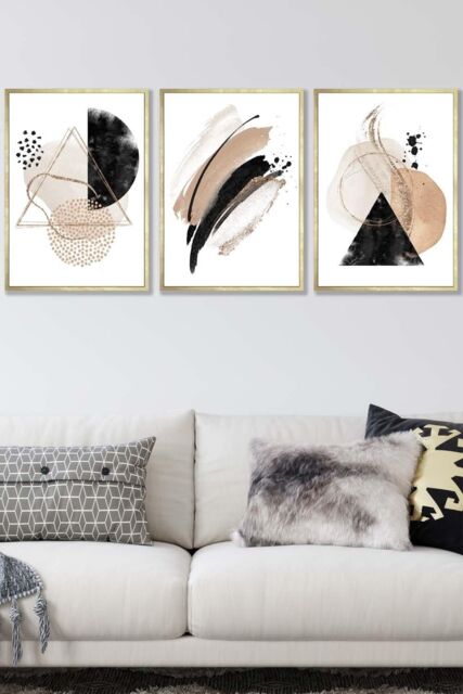 ARTZE Abstract Black Beige Watercolour Shapes Framed Wall Art - Large in Metallic Gold - Size: W53 cm x H73 cm x D20mm - image 1
